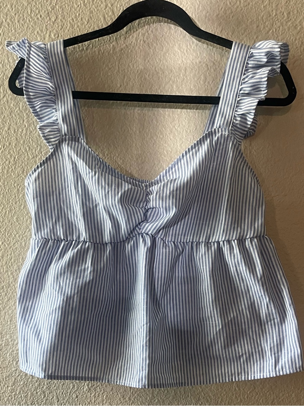 SHEIN Blue and White Striped Ruffle Strap Peplum Tank